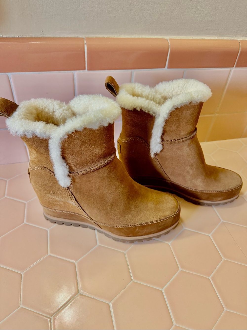 UGG Chestnut Suede Shearling Cuff Wedge Boots